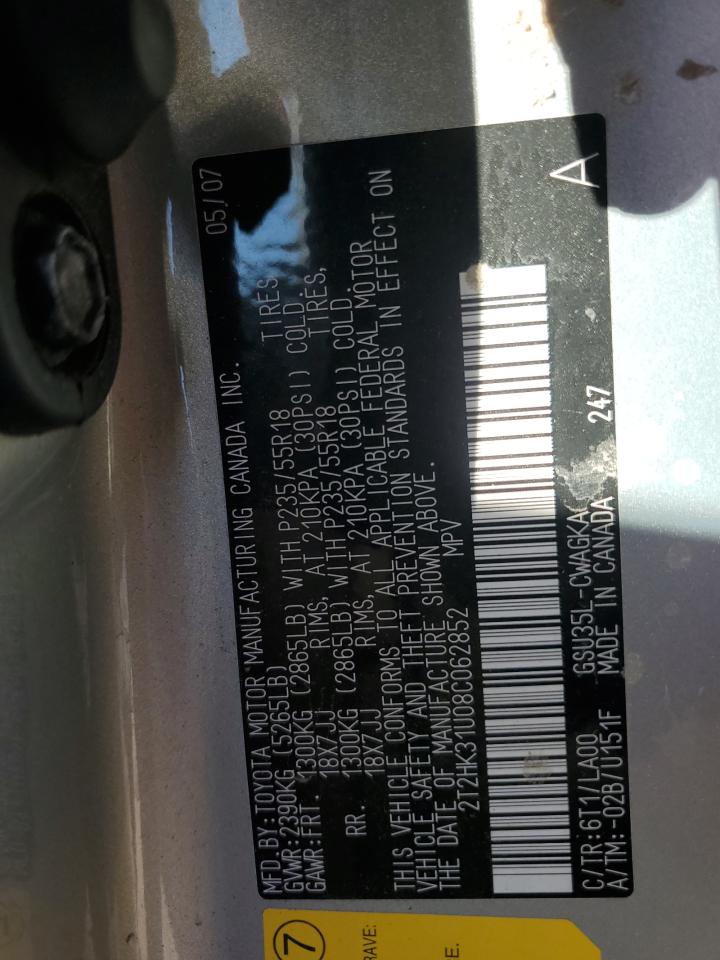 2008 Lexus RX VIN 2T2HK31U08C062852 Copart auction photo, side / front end damage thumbnail 15