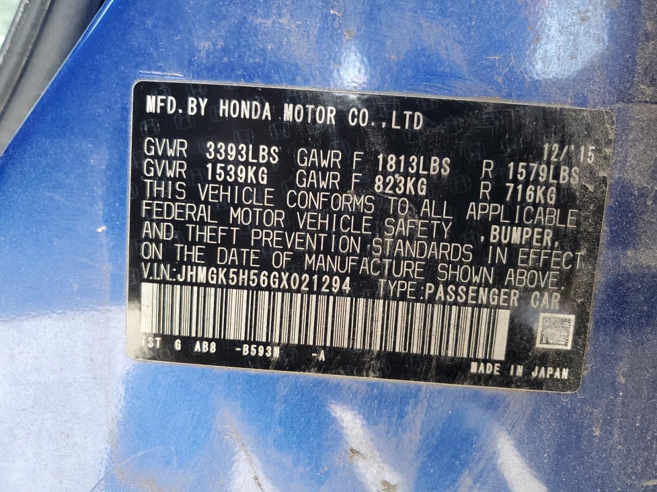 2016 Honda Fit VIN JHMGK5H56GX021294 Copart auction photo, rear end damage thumbnail 14