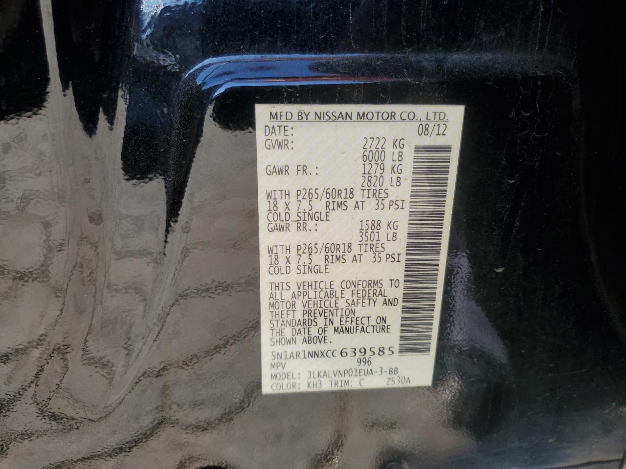 2012 Nissan Pathfinder VIN 5N1AR1NNXCC639585 Copart auction photo, side / rear end damage thumbnail 13