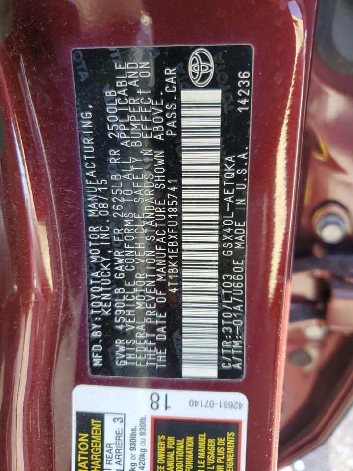 2015 Toyota Avalon VIN 4T1BK1EBXFU185741 Copart auction photo, rear end / front end damage thumbnail 12