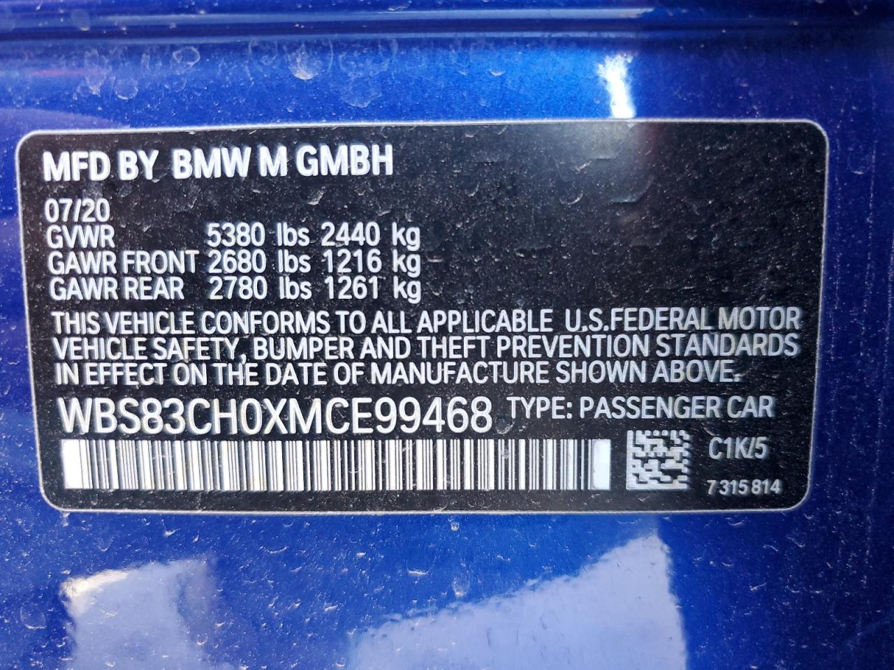 2021 BMW M5 VIN WBS83CH0XMCE99468 Copart auction photo, front end / hail damage thumbnail 12