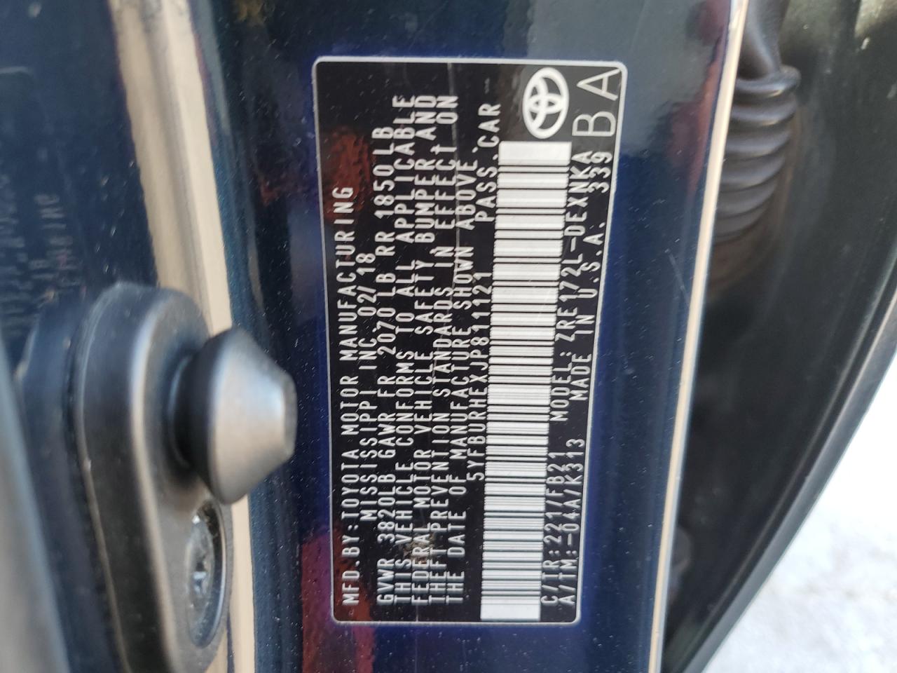 2018 Toyota Corolla VIN 5YFBURHEXJP811121 Copart auction photo, front end / minor dent/scratches damage thumbnail 12