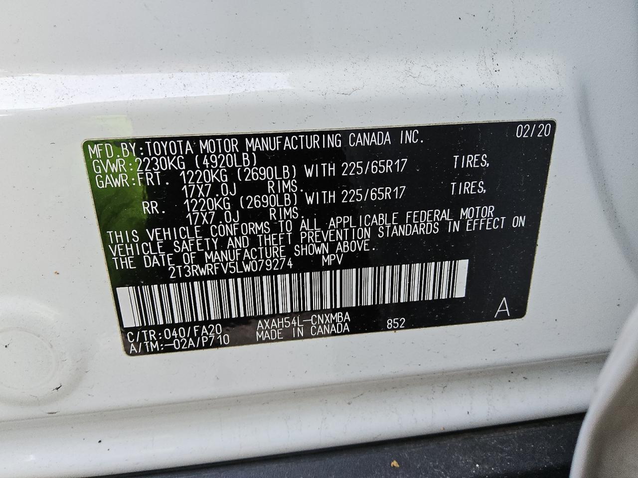 2020 Toyota RAV 4 VIN 2T3RWRFV5LW079274 Copart auction photo, front end damage thumbnail 13