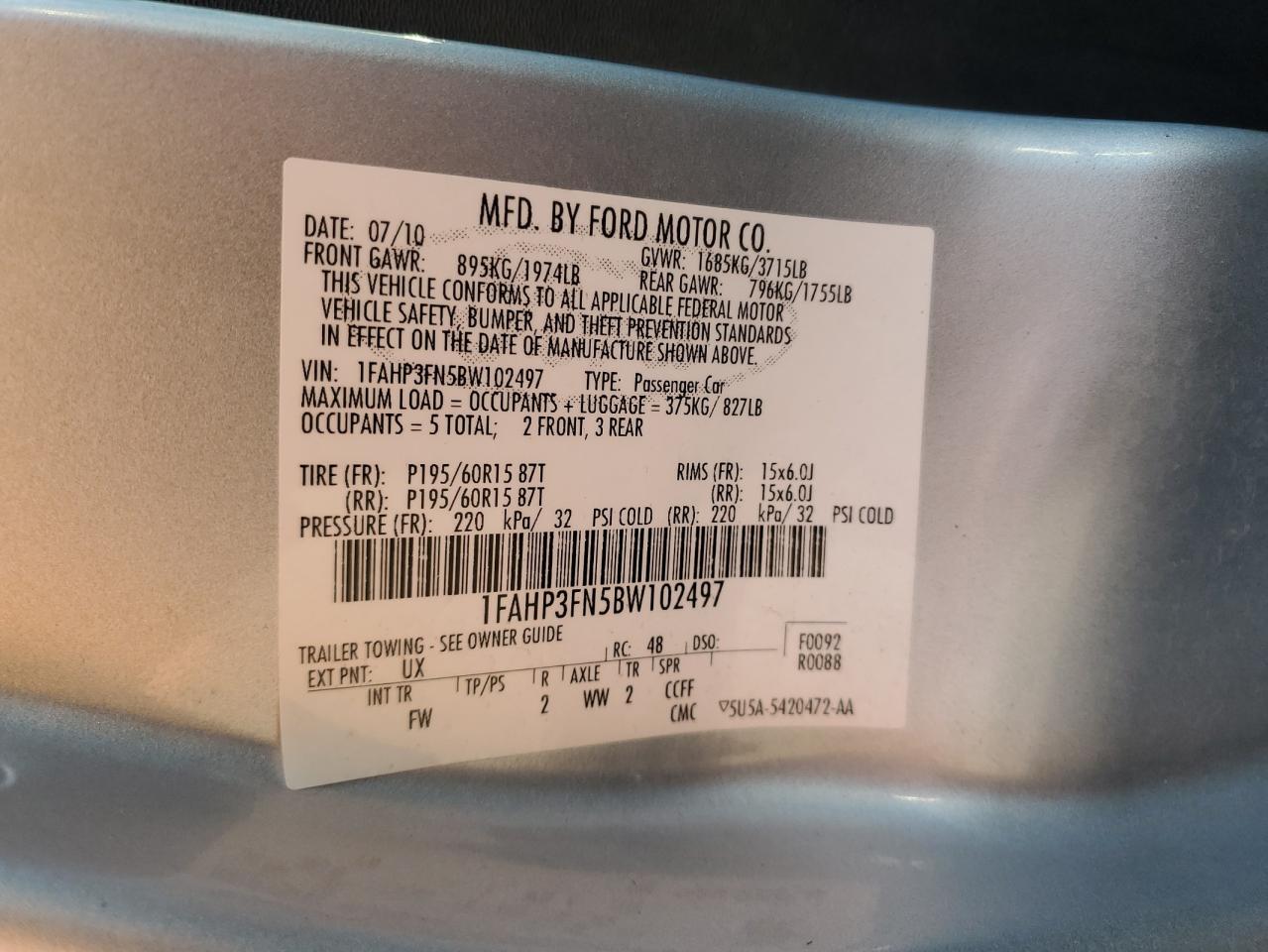 2011 Ford Focus VIN 1FAHP3FN5BW102497 Copart auction photo, front end / mechanical damage thumbnail 12