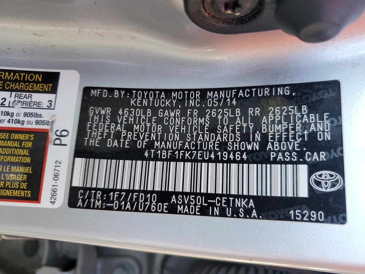 2014 Toyota Camry VIN 4T1BF1FK7EU419464 Copart auction photo, front end / rear end damage thumbnail 12