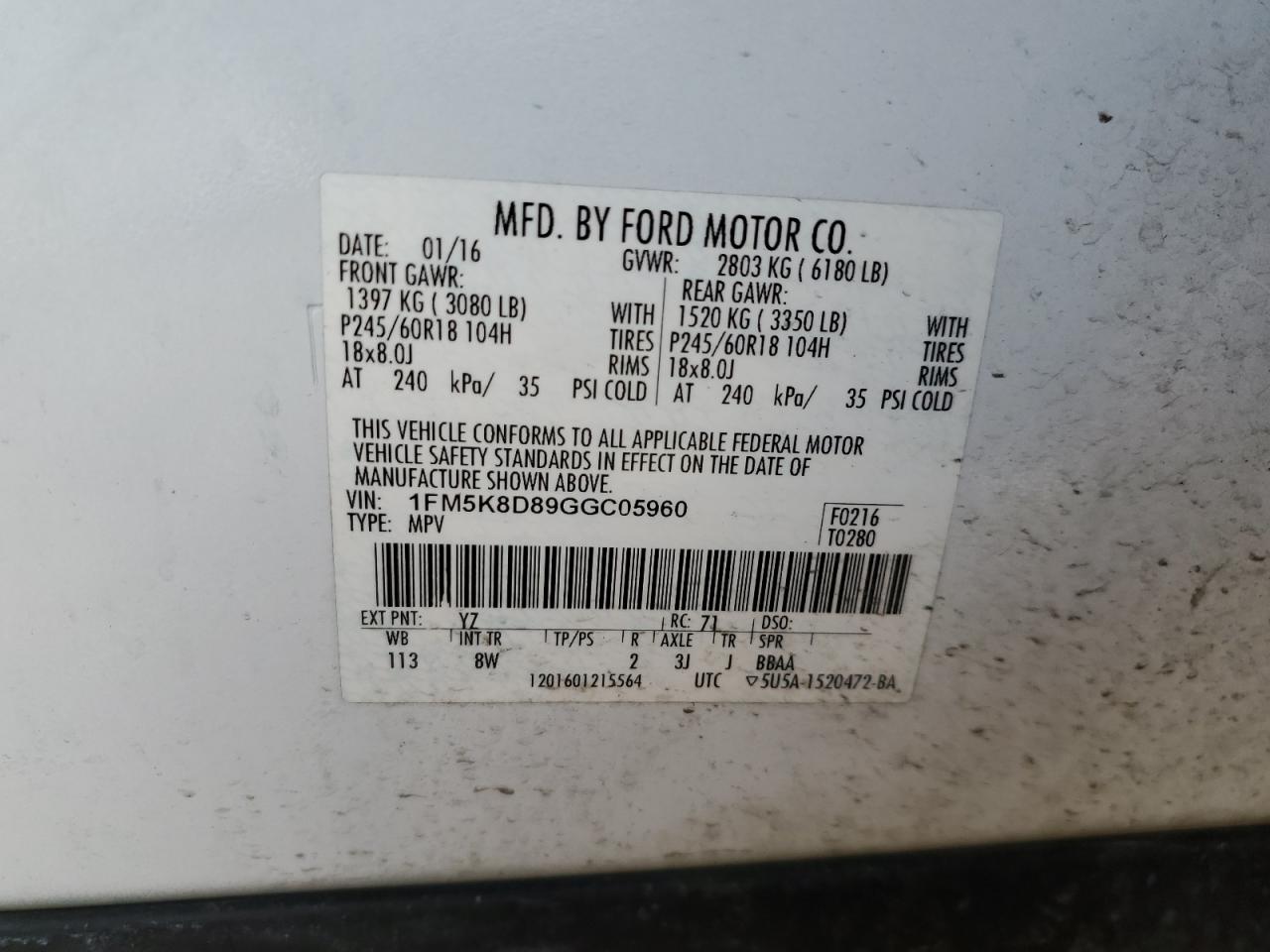 2016 Ford Explorer VIN 1FM5K8D89GGC05960 Copart auction photo, front end / side damage thumbnail 13
