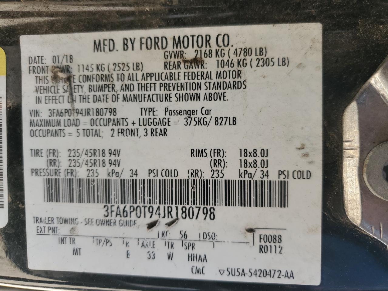 2018 Ford Fusion VIN 3FA6P0T94JR180798 Copart auction photo, front end damage thumbnail 13