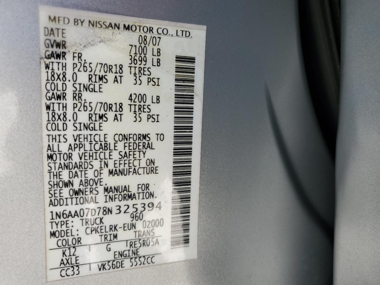 2008 Nissan Titan VIN 1N6AA07D78N325394 Copart auction photo, side damage thumbnail 12