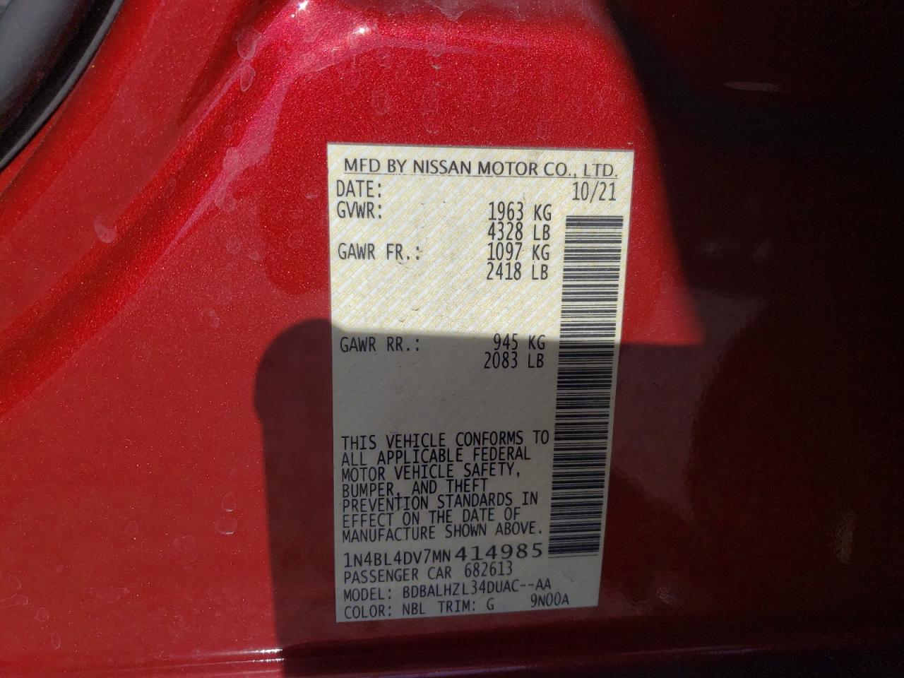 2021 Nissan Altima VIN 1N4BL4DV7MN414985 Copart auction photo, rear end damage thumbnail 12