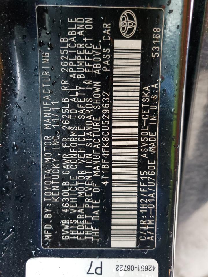 2012 Toyota Camry VIN 4T1BF1FK8CU529632 Copart auction photo, front end / minor dent/scratches damage thumbnail 12