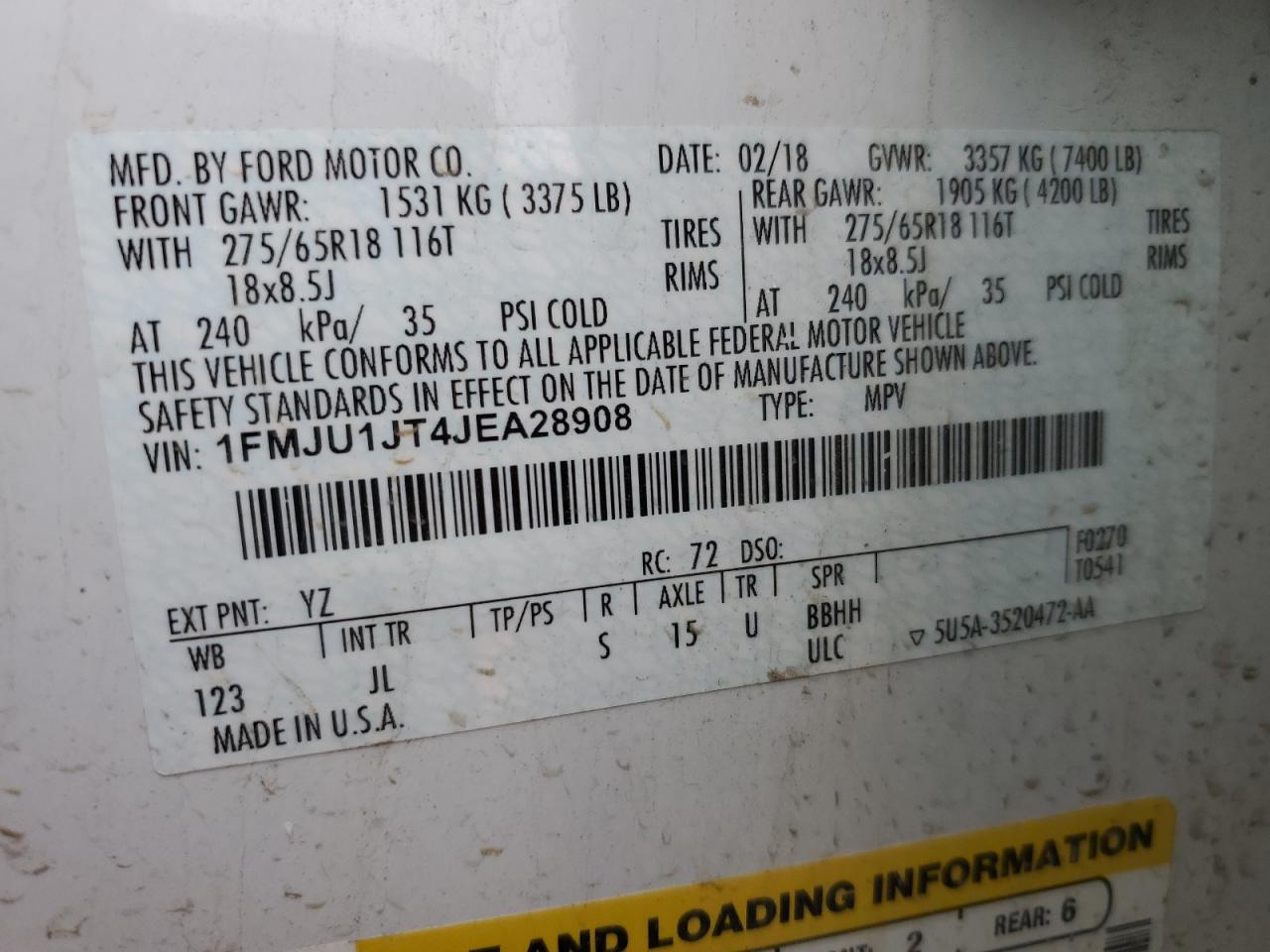 2018 Ford Expedition VIN 1FMJU1JT4JEA28908 Copart auction photo, front end / side damage thumbnail 16