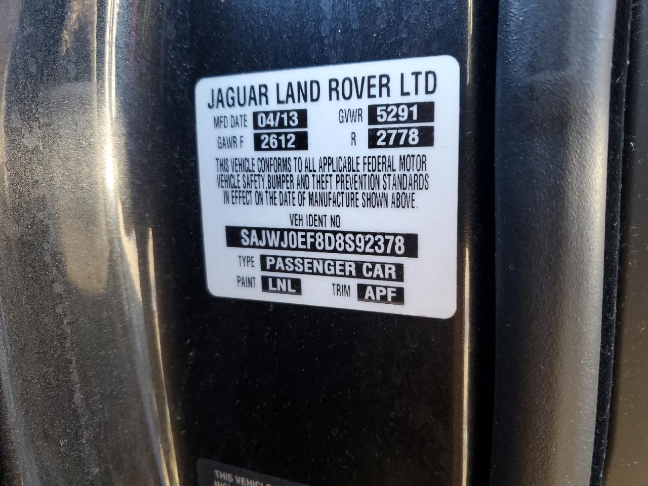2013 Jaguar XF VIN SAJWJ0EF8D8S92378 Copart auction photo, mechanical / minor dent/scratches damage thumbnail 12
