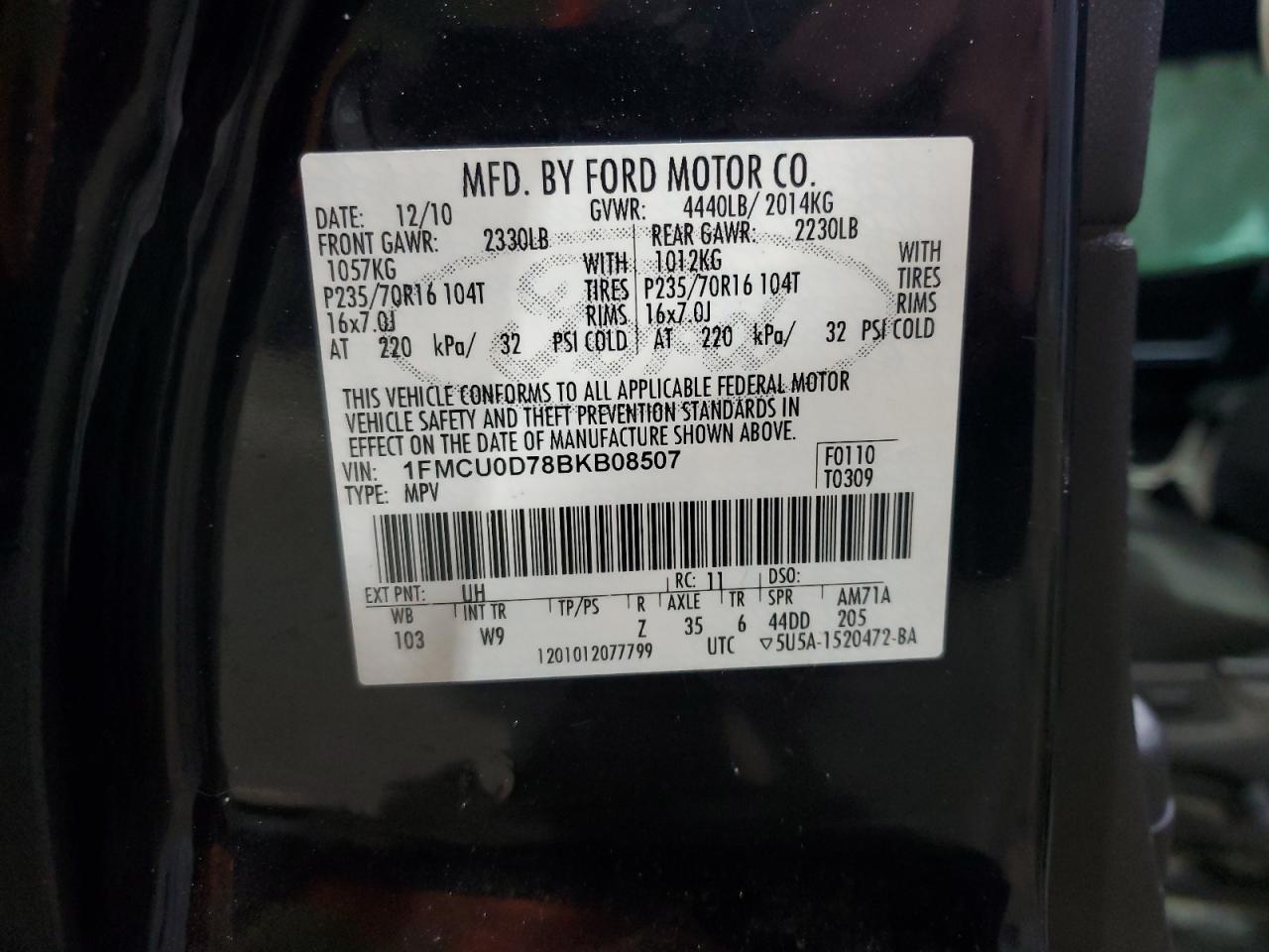 2011 Ford Escape VIN 1FMCU0D78BKB08507 Copart auction photo, all over damage thumbnail 13