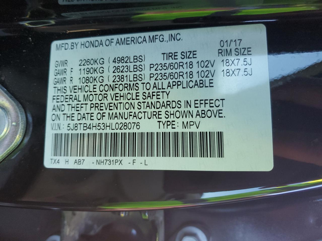 2017 Acura RDX VIN 5J8TB4H53HL028076 Copart auction photo, front end / undercarriage damage thumbnail 12