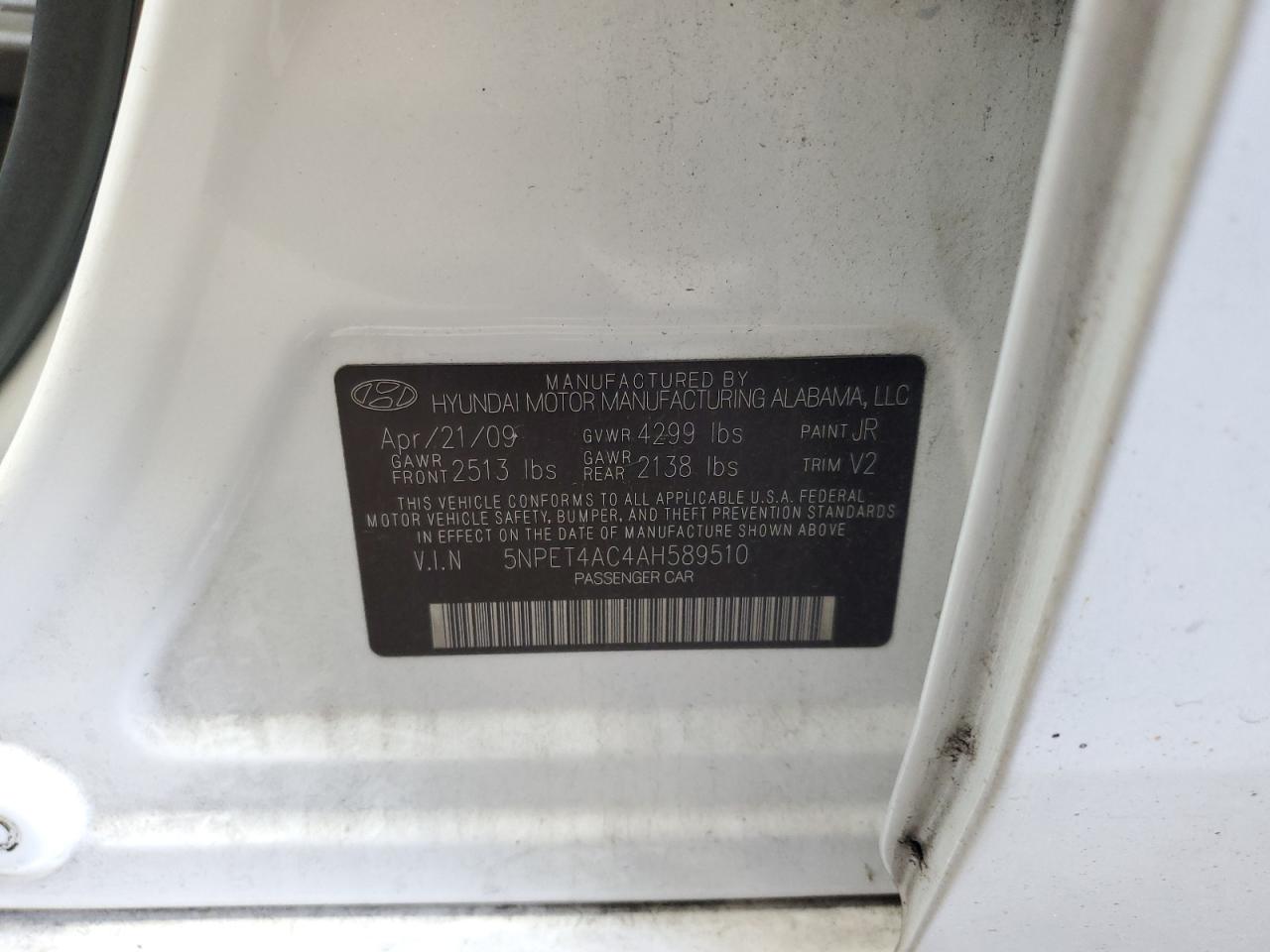 2010 Hyundai Sonata VIN 5NPET4AC4AH589510 Copart auction photo, front end damage thumbnail 15