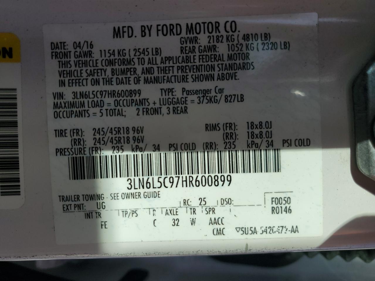 2017 Lincoln MKZ VIN 3LN6L5C97HR600899 Copart auction photo, water/flood damage thumbnail 10