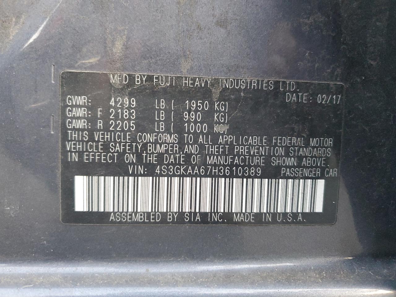 2017 Subaru Impreza VIN 4S3GKAA67H3610389 Copart auction photo, front end damage thumbnail 14