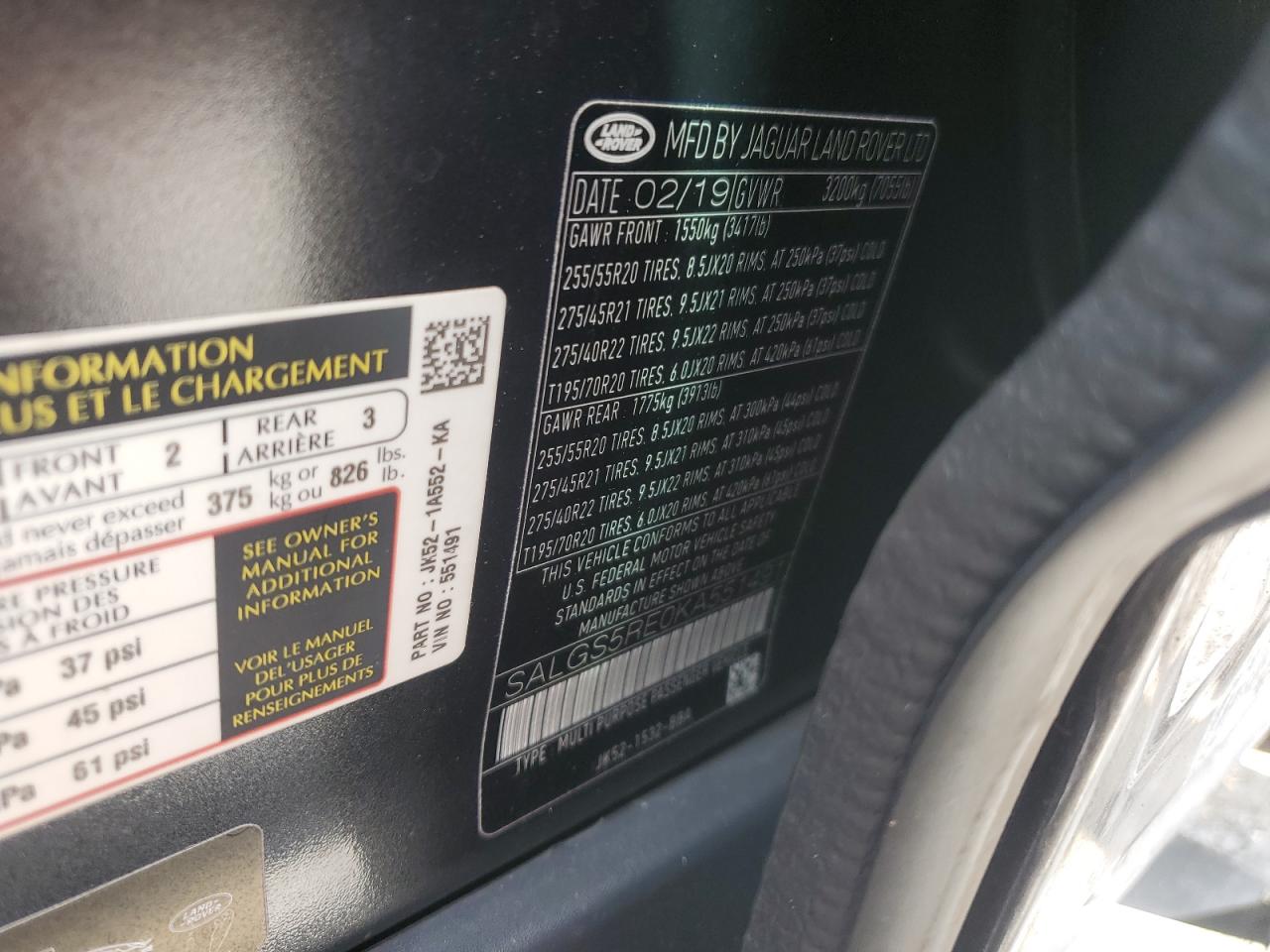 2019 Land Rover Range Rover VIN SALGS5RE0KA551491 Copart auction photo, front end / side damage thumbnail 15