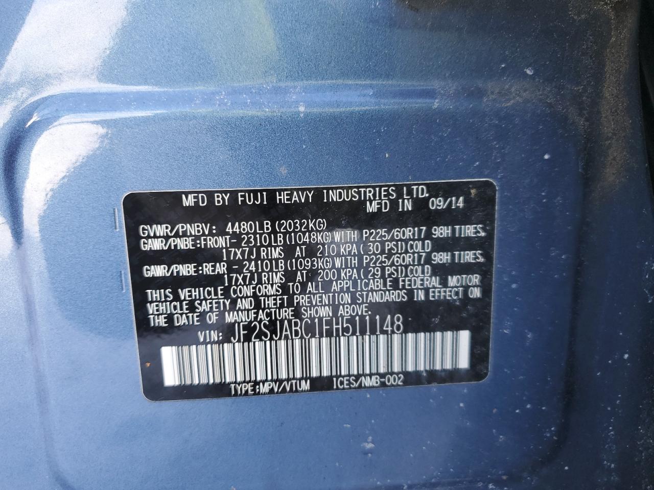 2015 Subaru Forester VIN JF2SJABC1FH511148 Copart auction photo, front end / side damage thumbnail 14