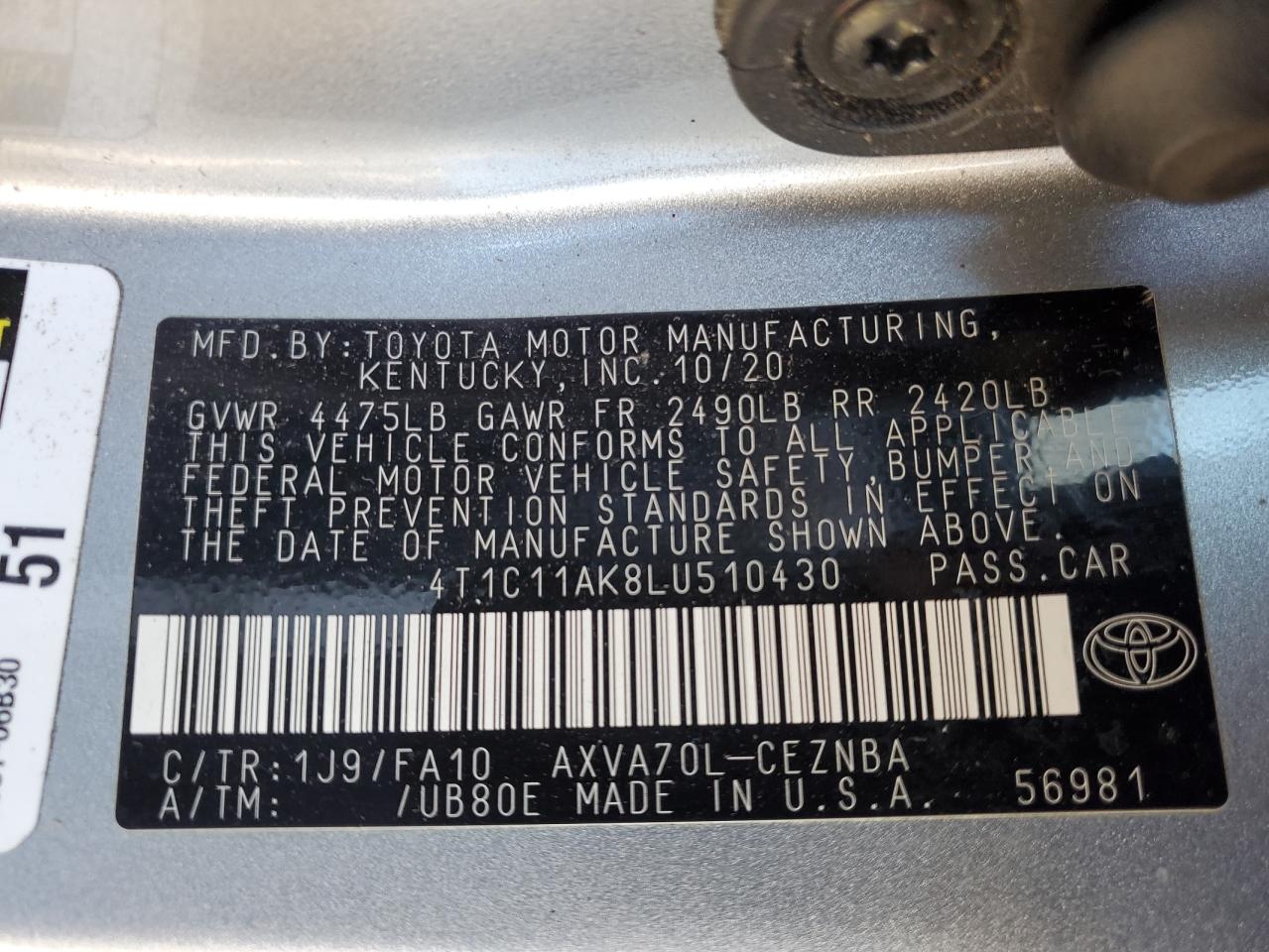 2020 Toyota Camry VIN 4T1C11AK8LU510430 Copart auction photo, all over damage thumbnail 14