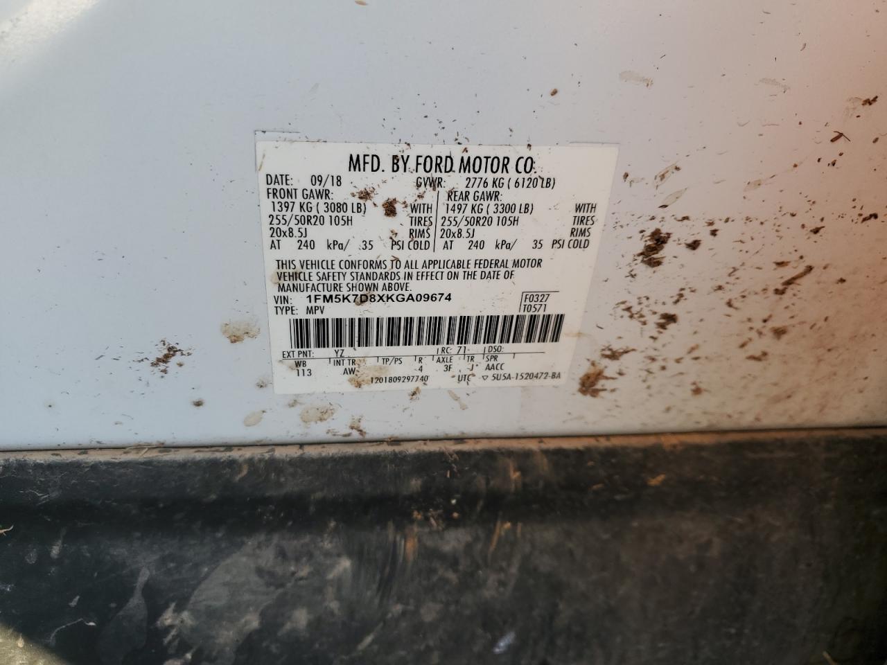 2019 Ford Explorer VIN 1FM5K7D8XKGA09674 Copart auction photo, water/flood damage thumbnail 13