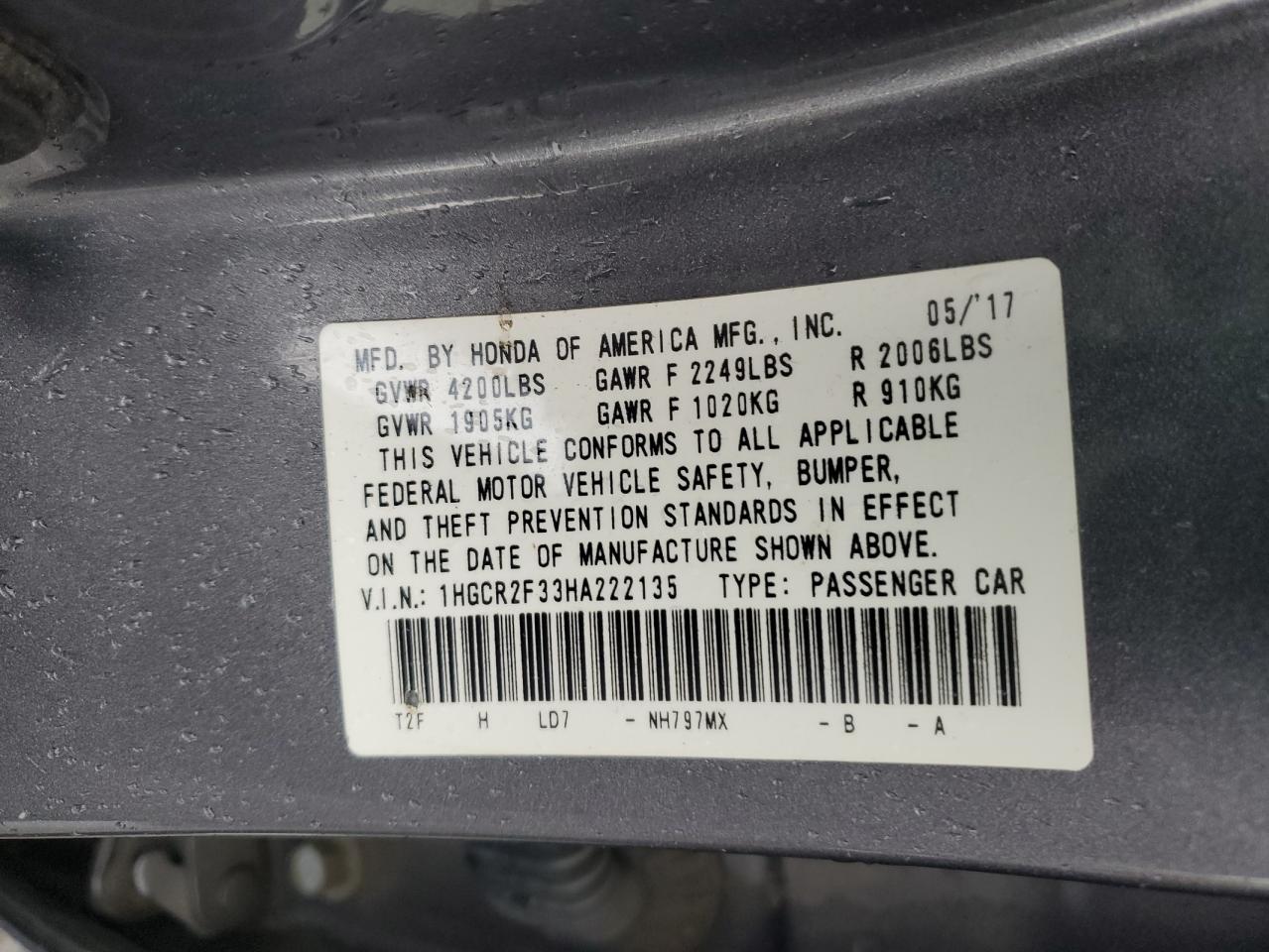 2017 Honda Accord VIN 1HGCR2F33HA222135 Copart auction photo, front end damage thumbnail 12