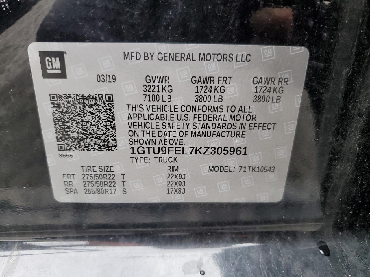 2019 GMC Sierra VIN 1GTU9FEL7KZ305961 Copart auction photo, frame damage / front end damage thumbnail 13