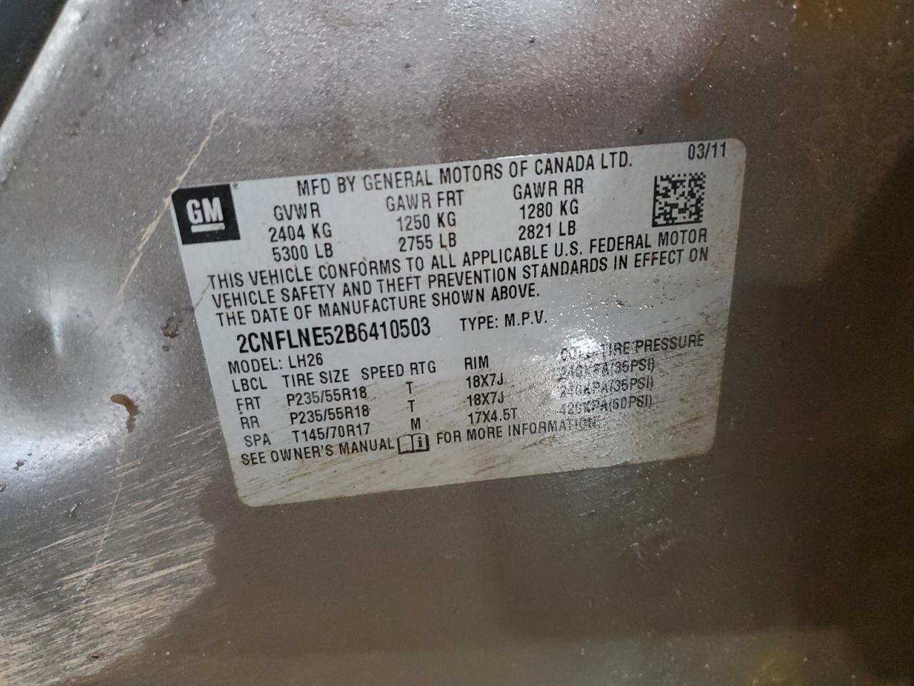 2011 Chevrolet Equinox VIN 2CNFLNE52B6410503 Copart auction photo, front end damage thumbnail 14