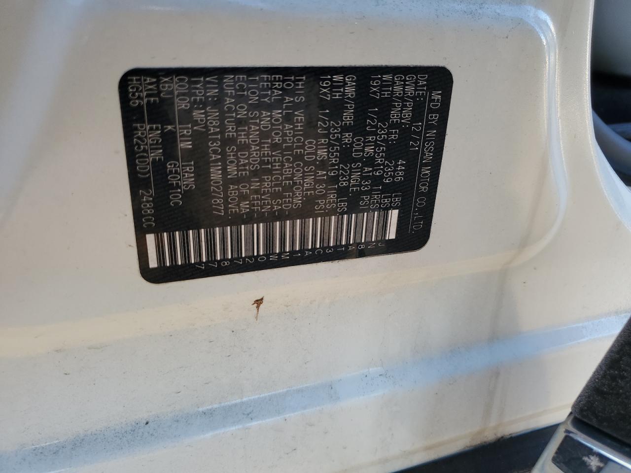 2021 Nissan Rogue VIN JN8AT3CA1MW027877 Copart auction photo, front end / undercarriage damage thumbnail 14