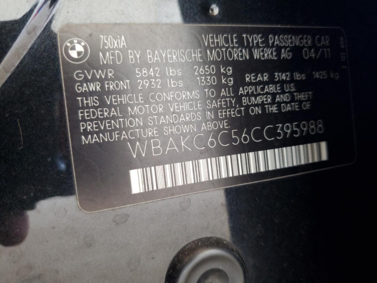 2012 BMW 7er VIN WBAKC6C56CC395988 Copart auction photo, front end damage thumbnail 12