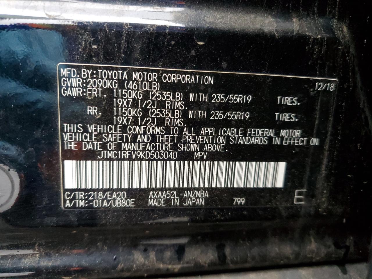 2019 Toyota RAV 4 VIN JTMC1RFV9KD503040 Copart auction photo, side / rear end damage thumbnail 14