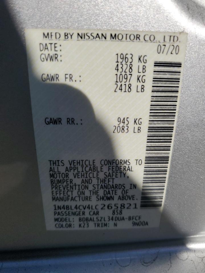 2020 Nissan Altima VIN 1N4BL4CV4LC265821 Copart auction photo, front end / rear end damage thumbnail 12