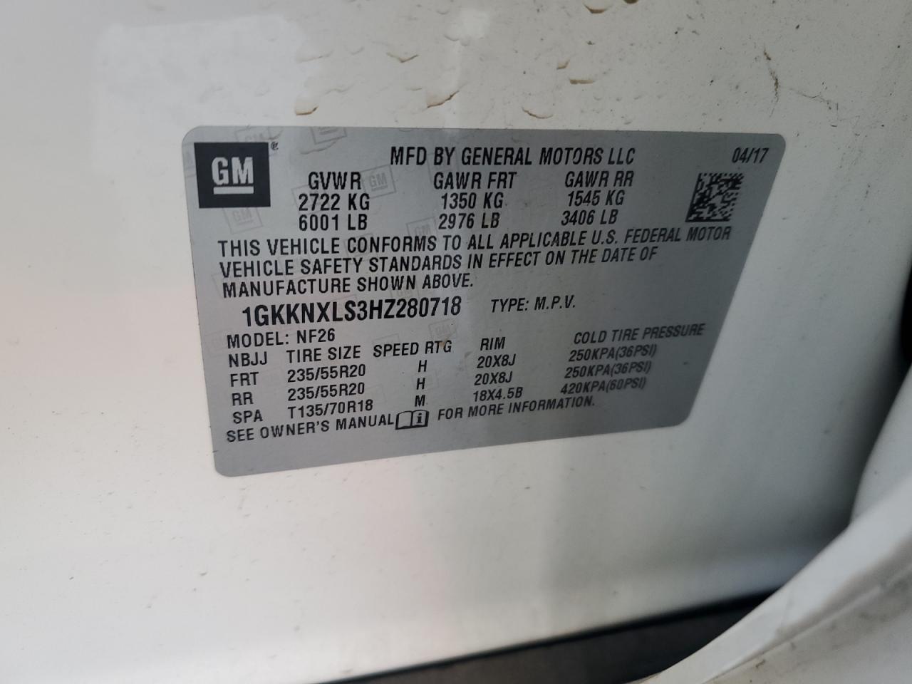 2017 GMC Acadia VIN 1GKKNXLS3HZ280718 Copart auction photo, front end / minor dent/scratches damage thumbnail 13