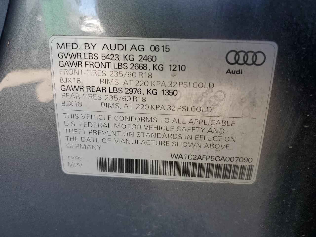 2016 Audi Q5 VIN WA1C2AFP5GA007090 Copart auction photo, front end damage thumbnail 13