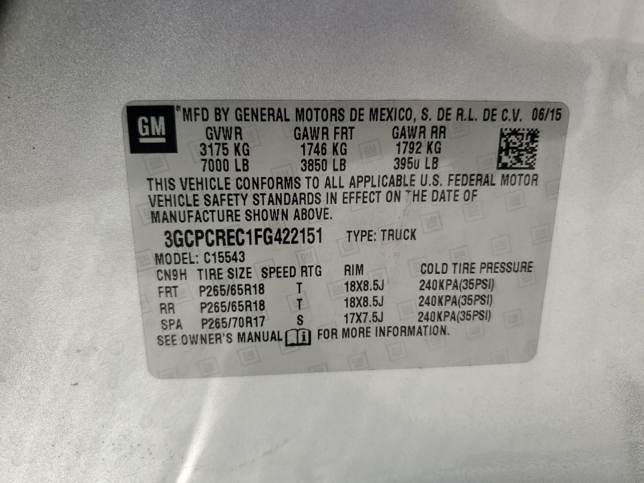 2015 Chevrolet Silverado VIN 3GCPCREC1FG422151 Copart auction photo, side damage thumbnail 14