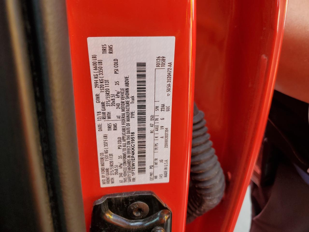 2019 Ford F-150 VIN 1FTEW1EP4KKC19518 Copart auction photo, front end / side damage thumbnail 12