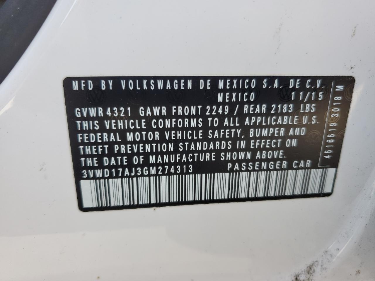 2016 Volkswagen Jetta VIN 3VWD17AJ3GM274313 Copart auction photo, front end damage thumbnail 12