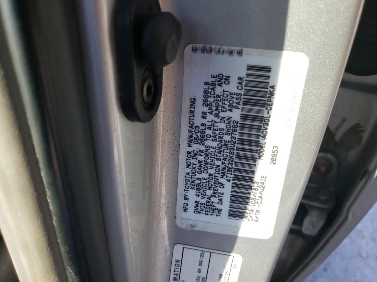 2003 Toyota Camry VIN 4T1BE32K83U237662 Copart auction photo, front end / rear end damage thumbnail 13