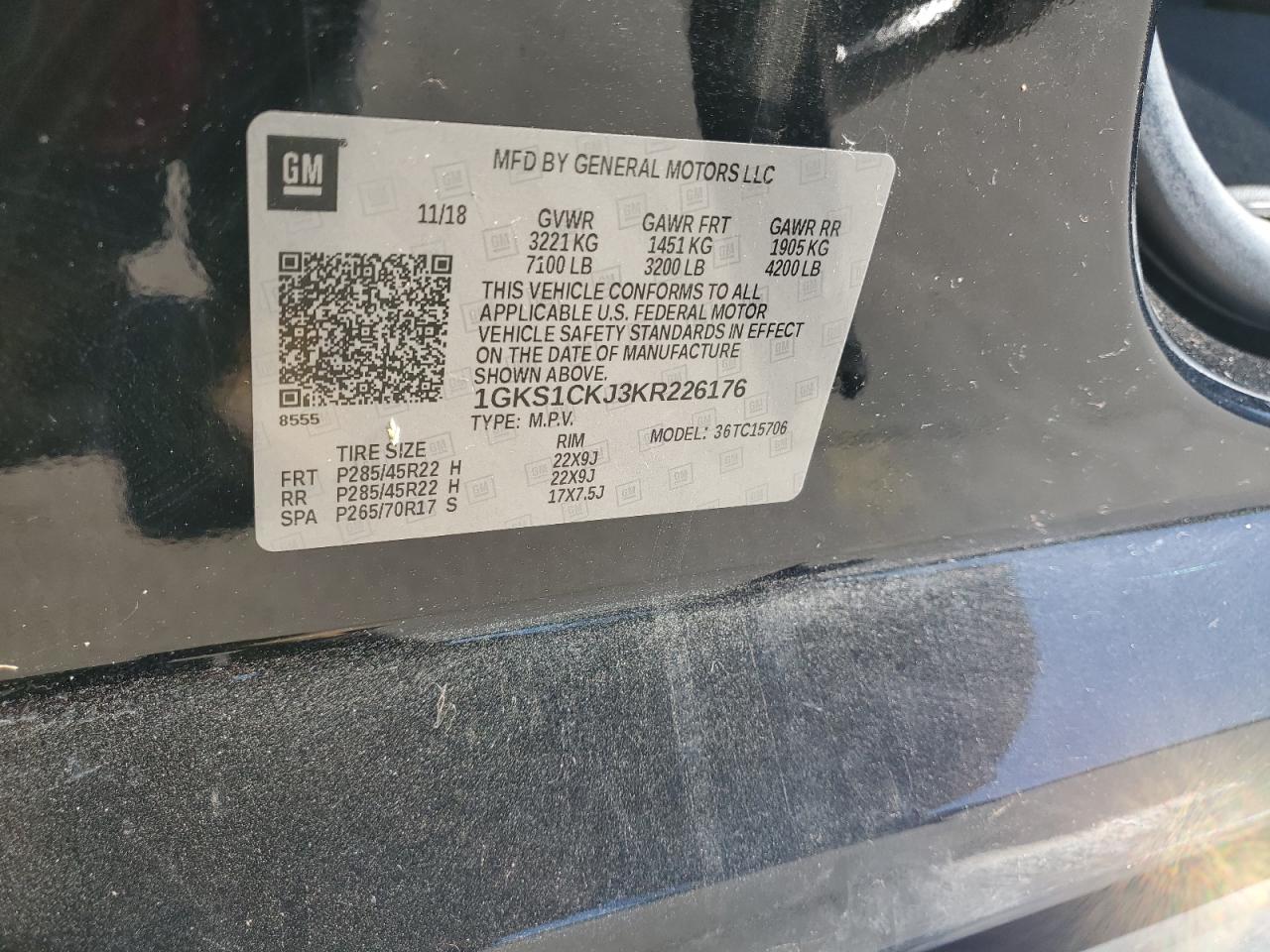 2019 GMC Yukon VIN 1GKS1CKJ3KR226176 Copart auction photo, side / front end damage thumbnail 13
