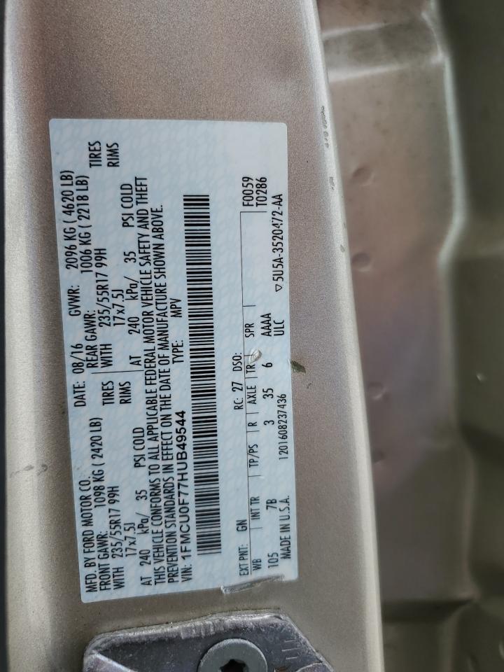2017 Ford Escape VIN 1FMCU0F77HUB49544 Copart auction photo, side damage thumbnail 13