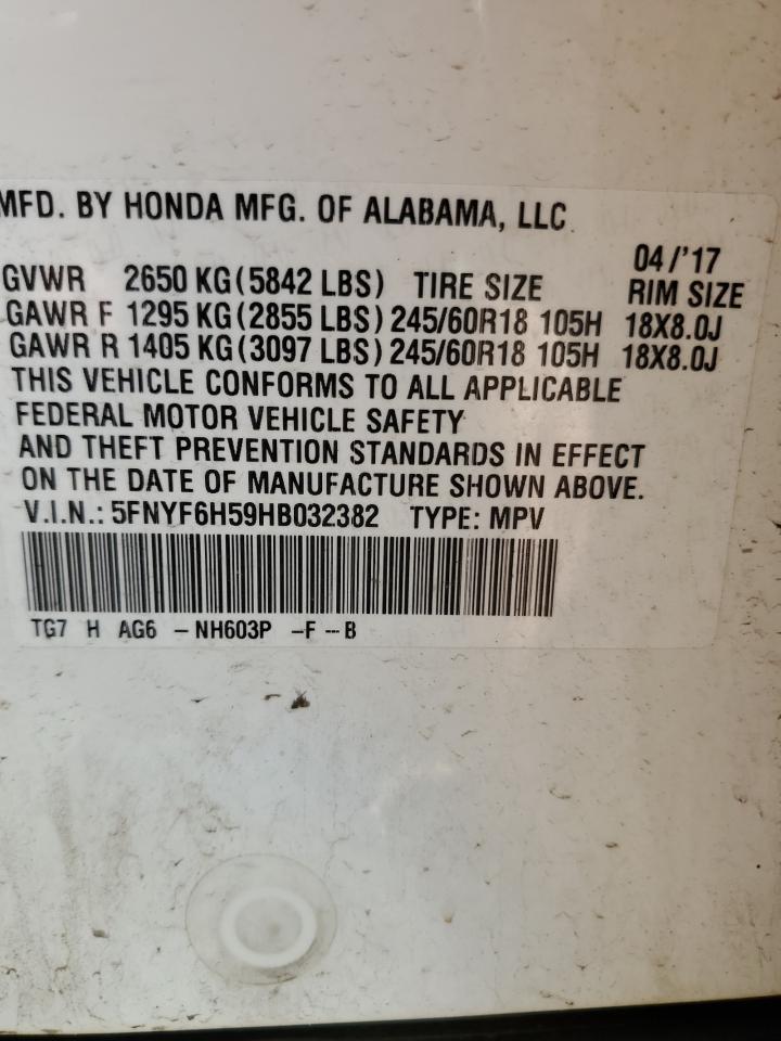 2017 Honda Pilot VIN 5FNYF6H59HB032382 Copart auction photo, front end damage thumbnail 13