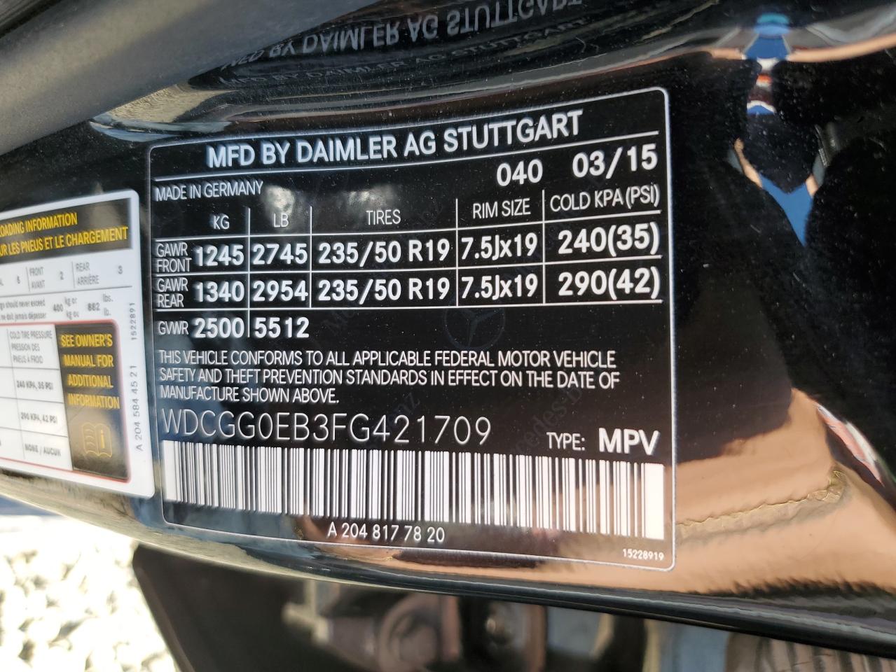 2015 Mercedes-Benz GLK-klasse VIN WDCGG0EB3FG421709 Copart auction photo, rear end damage thumbnail 13