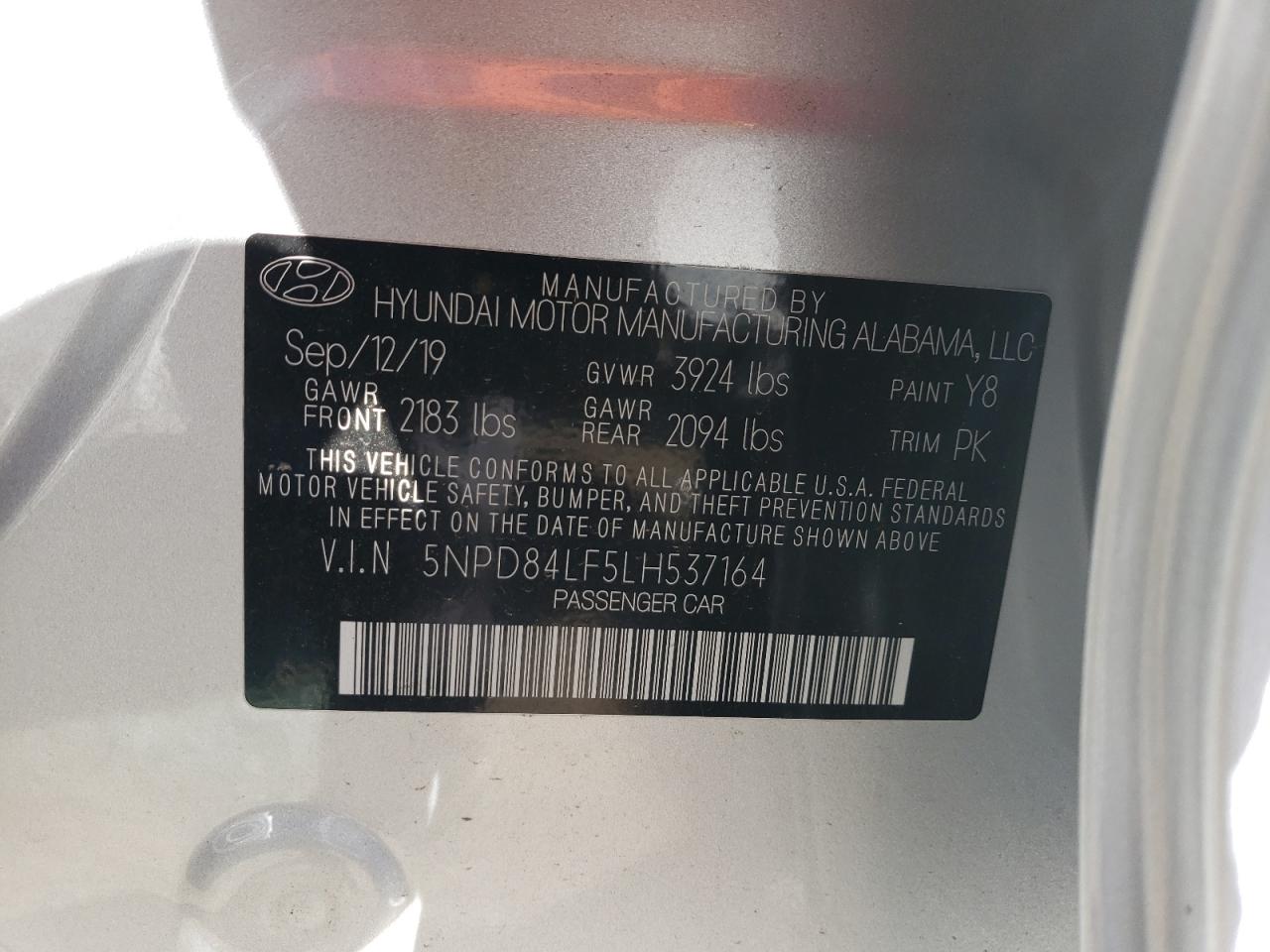 2020 Hyundai Elantra VIN 5NPD84LF5LH537164 Copart auction photo, front end / rear end damage thumbnail 14