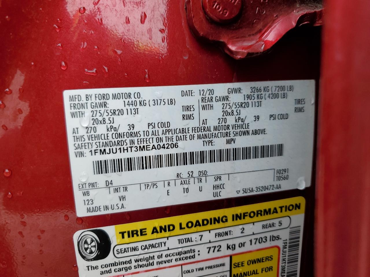 2021 Ford Expedition VIN 1FMJU1HT3MEA04206 Copart auction photo, top/roof damage thumbnail 13