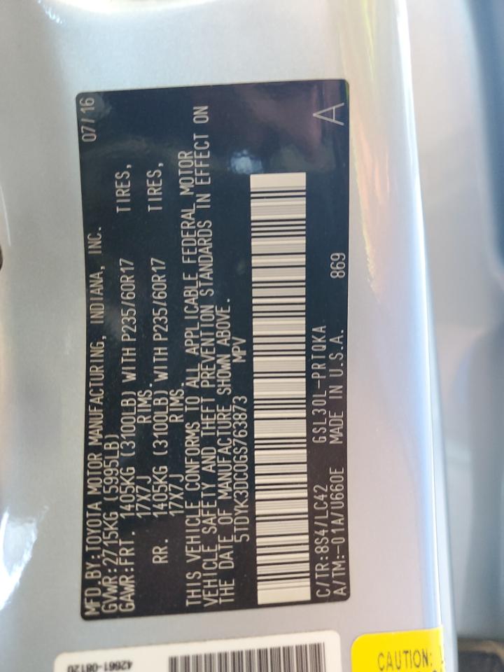 2016 Toyota Sienna VIN 5TDYK3DC0GS763873 Copart auction photo, side / rear end damage thumbnail 14