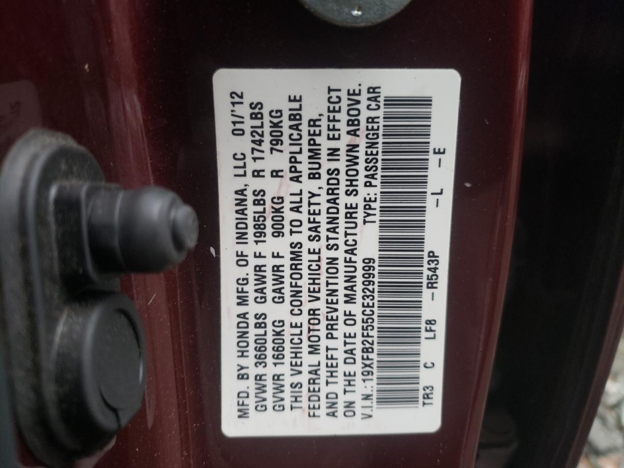 2012 Honda Civic VIN 19XFB2F55CE329999 Copart auction photo, front end damage thumbnail 12