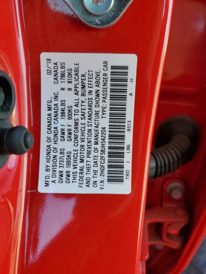 2018 Honda Civic VIN 2HGFC2F58JH542204 Copart auction photo, rear end / minor dent/scratches damage thumbnail 12