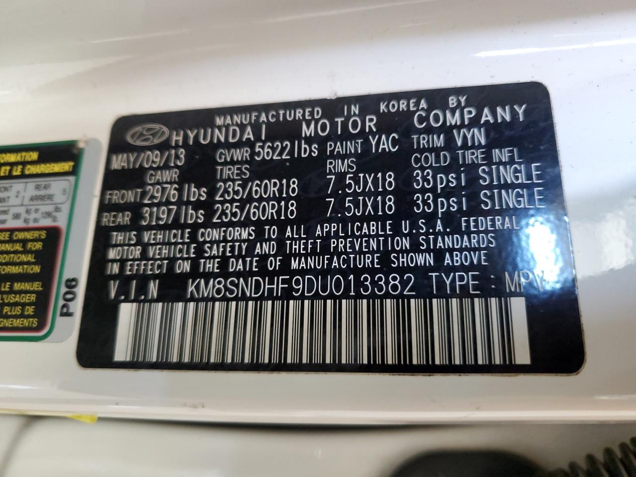 2013 Hyundai Santa Fe VIN KM8SNDHF9DU013382 Copart auction photo, front end / side damage thumbnail 13