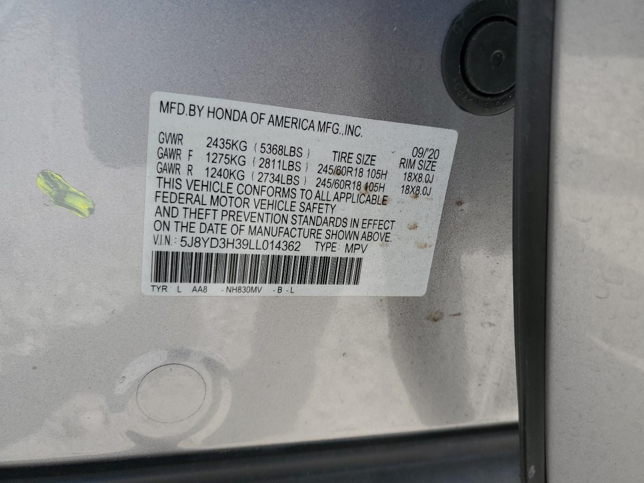 2020 Acura MDX VIN 5J8YD3H39LL014362 Copart auction photo, side / minor dent/scratches damage thumbnail 15
