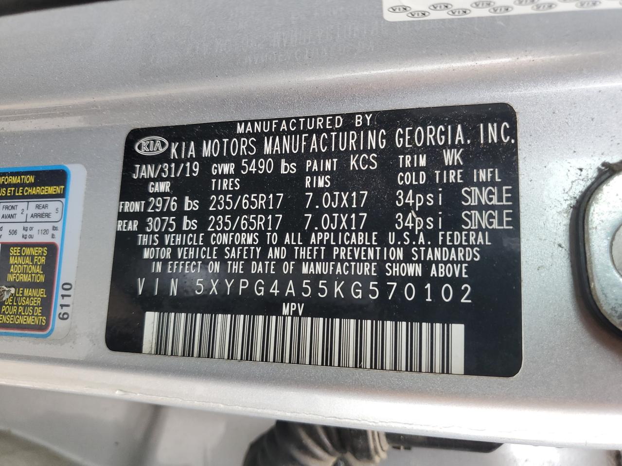 2019 KIA Sorento VIN 5XYPG4A55KG570102 Copart auction photo, front end damage thumbnail 13
